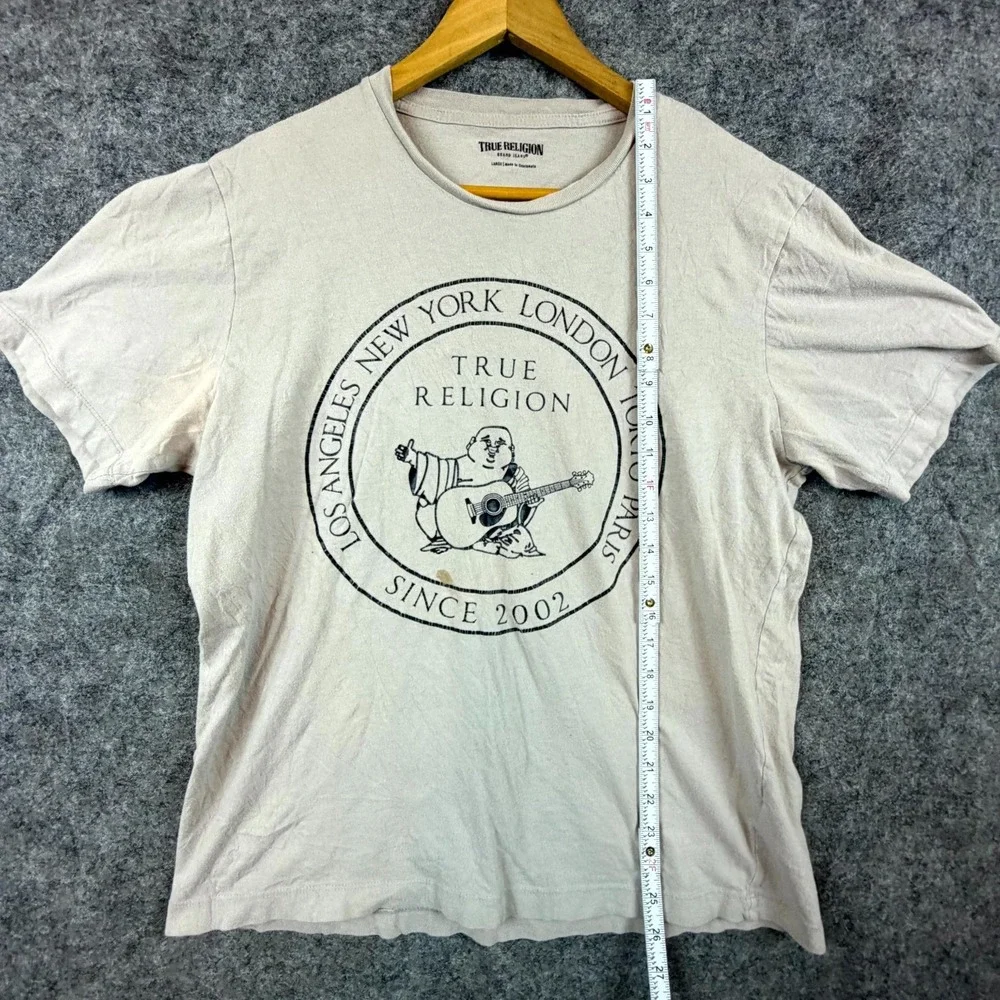 True Religion T-Shirt Mens Large Beige Buddha Guitar Graphic Print Cotton Casual